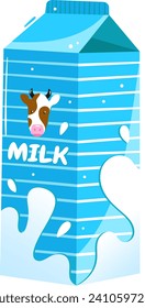 Cartoon milk carton with cow design, blue stripes and milk splashes. Dairy product packaging vector illustration. Fresh farm milk concept, grocery item vector illustration.