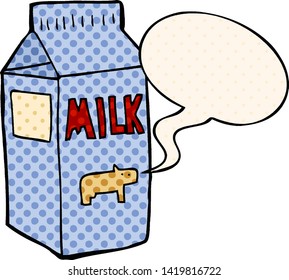 cartoon milk carton with speech bubble in comic book style