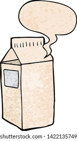 cartoon milk carton with speech bubble in retro texture style