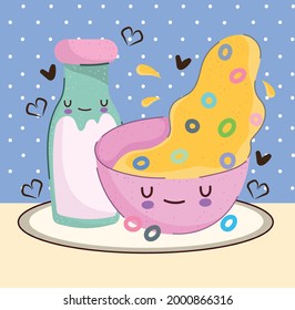 cartoon milk and cereal breakfast