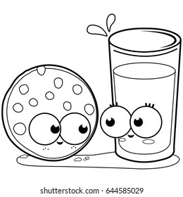 Cartoon milk and cookie characters. Vector black and white coloring page.