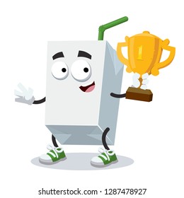 cartoon milk or juice carton blank pack with a straw mascot holds the number one cup on white background