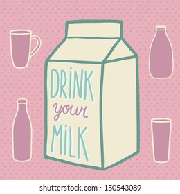 cartoon milk objects. bottle, glass, cup, gallon, pack