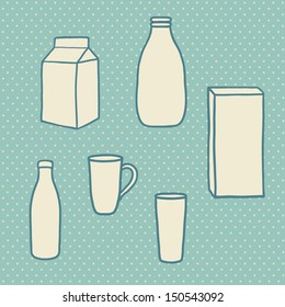 cartoon milk objects. bottle, glass, cup, gallon, pack
