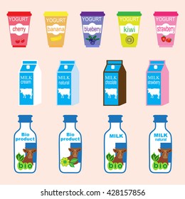 Cartoon milk products and drinks with various bottles, cartons, yoghurt containers and emblems or signs in shades of blue