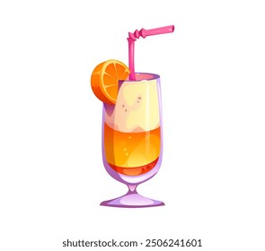 Batido de leche de dibujos animados, comida rápida, bebida dulce. Cóctel de batido de Vector aislado en taza de vidrio con nata batida, jugo, capas de lácteos, rebanada de naranja y paja. Refrescante postre de frutas en taza transparente