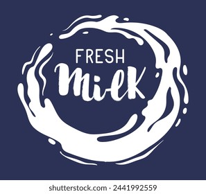 Cartoon milk splash label. Dairy product milky splash logo, cow or goat milk with lettering, milk flow stamp flat vector illustration. Milky splash label