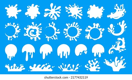 Cartoon milk splash. White liquid stains of various shapes, falling milky drop blots and round spatter stains. Vector yoghurt and milkshake grocery logo layout set. Illustration of milk liquid splash