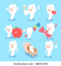 cartoon milk tooth do different emotions for your health concept