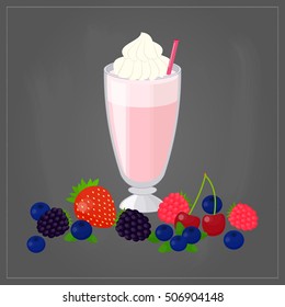 Cartoon Milkshake In Glass With Berries Isolated On Chalkboard Background. Perfect For Menu And Posters.