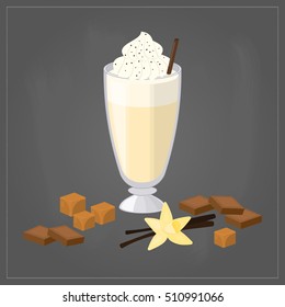 Cartoon Milkshake In Glass With Chocolate, Vanilla, Caramel Toffee Isolated On Chalkboard Background. Perfect For Menu And Posters.