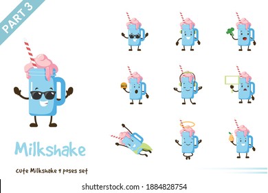 Cartoon milkshake poses set. Vector illustration. Isolated on white background.