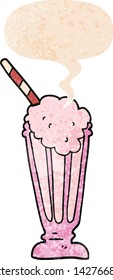 cartoon milkshake with speech bubble in grunge distressed retro textured style