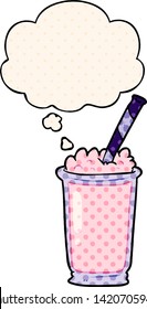 cartoon milkshake with thought bubble in comic book style