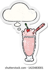 Cartoon Milkshake mit Gedankenblase als bedrückter abgenutzter Aufkleber