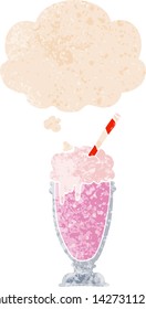 cartoon milkshake with thought bubble in grunge distressed retro textured style