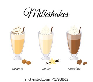 Cartoon milkshakes in glass isolated on white background. Caramel, vanilla, chocolate milkshake flavor.