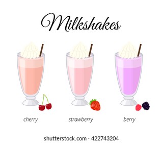 Cartoon milkshakes in glass isolated on white background. Cherry, strawberry, berry milkshake flavor.