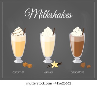 Cartoon Milkshakes In Glass On Chalkboard Background. Caramel, Vanilla, Chocolate Milkshake Flavor.