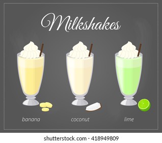 Cartoon Milkshakes In Glass On Chalkboard Background. Banana, Coconut, Lime Milkshake Flavor.