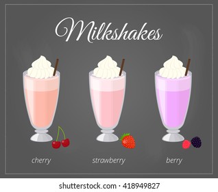 Cartoon Milkshakes In Glass On Chalkboard Background. Cherry, Strawberry, Berry Milkshake Flavor.