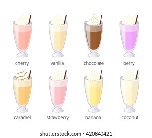 Cartoon milkshakes with whipped cream in glass isolated on white background. Different flavors.