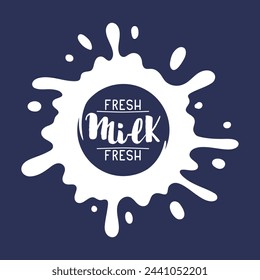 Cartoon milky splash. Dairy product splash label, cow or goat milk logo with lettering, milk flow stamp flat vector illustration. Fresh milk splash