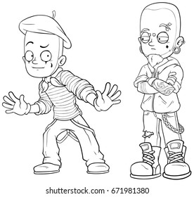 Cartoon mime punk with piercing black and white character vector set for coloring
