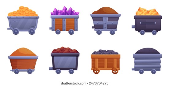 Cartoon mine carts. Different trolleys with coal, gold coins and golden nuggets, gemstones and minerals. Mining industry metal wooden trolleys, nowaday vector set