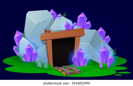 Mina de dibujos animados con cristales. Fondo del juego 
