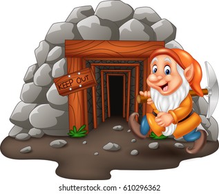 Cartoon mine entrance with dwarf miner 