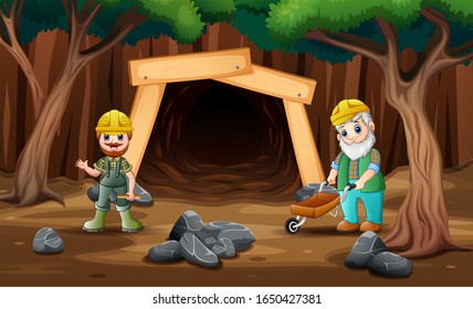 Cartoon Mine Entrance With Gold Miner Worker