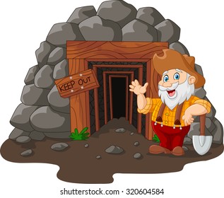 Cartoon Mine Entrance With Gold Miner Holding Shovel