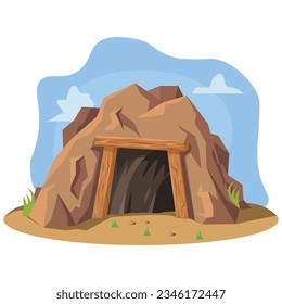 Cartoon mine entrance. Retro tunnel. Old mine in desert. Flat vector illustration isolated on white background.