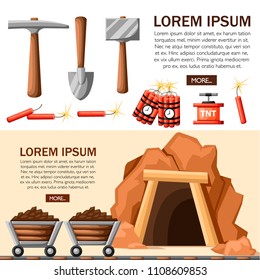 Cartoon mine entrance, and tools for mining and quarrying. Retro tunnel. Mining company concept. Old mine. Flat vector illustration. Web site page and mobile app design. Place for text.