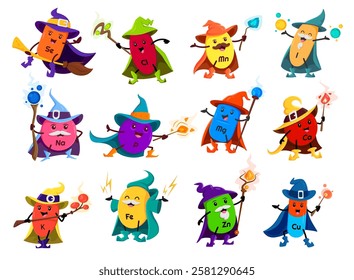 Cartoon mineral and micronutrient wizard or mage characters, vector funny pills. Calcium mage, zinc and potassium sorcerer or iron cartoon mineral in wizard hat with magic wand and witch spell