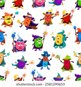 Cartoon mineral wizard or mage characters seamless pattern. Vector tile background with food supplements capsules Zn, Ca, Mn And Se, Na, K, Fe, Cu, P, Cl or I, wiz and sorcerer personages with wands