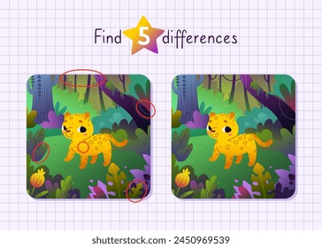 Cartoon mini game for kids with jaguar in jungle. Find differences vector game with tropical rainforest.