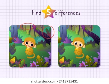 Cartoon mini game for kids with monkey in the jungle. Find differences vector game with bright rainforest.	