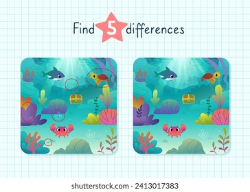 Cartoon mini game for kids with underwater animals. Find differences vector game with seabed.