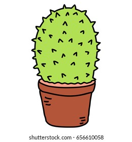 Cartoon of a miniature cactus in clay pot, Hand drawn, Vector, Illustrations.