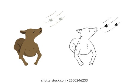 Cartoon miniature pinscher dog breathing in flat and outline styles.