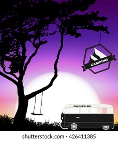 Cartoon Minibus in Nature a Tree Silhouette. Vector Illustration EPS10