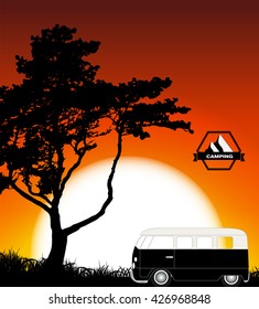 Cartoon Minibus in Nature a Tree Silhouette. Vector Illustration EPS10