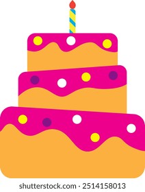 A cartoon minimalist illustration of a tiered birthday cake with a candle on top