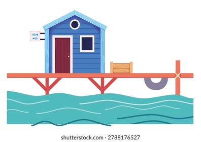 Cartoon minimalistic illustration of tiny blue fisherman house in docks.