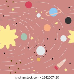 Cartoon minimalistic pattern with planets of the Solar System in flat style. Cute, adorable the sun, earth, mercury, venus, saturn, neptune, mars, jupiter, uranus. Cartoon cosmos. For textiles, wallpa