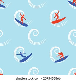 Cartoon minimalistic seamless vector pattern -surfers on the waves