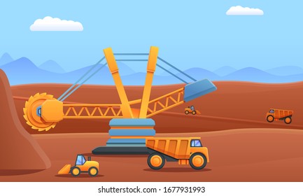Pieza y excavadora de excavadoras de excavadoras de extracción de caricaturas que trabajan en una cantera, ilustración vectorial