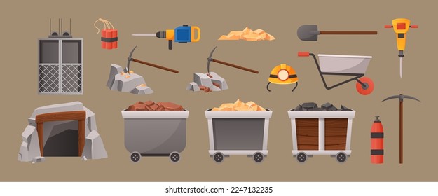 Cartoon mining elements. Mine cave entrance, mining elevator and tools. Wagons with gold and coal vector illustration set. Protective helmet, digger and dynamite for metal extraction